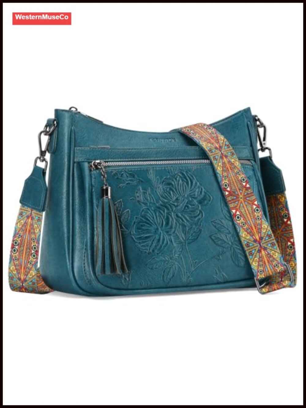 Vegan Leather Crossbody Bag Medium Floral Embossed Wide Boho Strap Purse